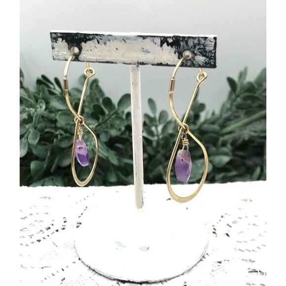 Gold Tone Amethyst Dangle Hoop Earrings With Teardrop Design - Picture 3 of 3